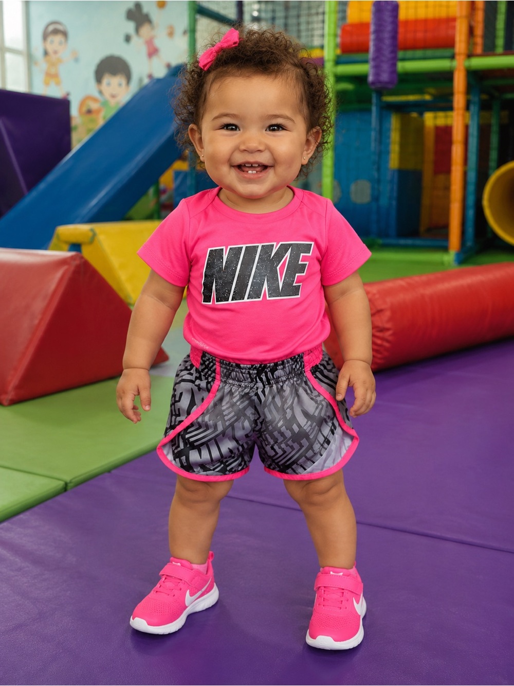 Baby Girl Nike Hot Pink Logo Tee and Gray Patterned Shorts Set - 12 Months - Picture 2 of 8